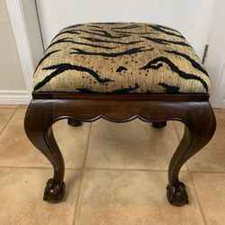 Vintage Maitland-Smith Tiger Print Ottoman – Hand-Carved Ball & Claw Feet (19.5” x 19”)