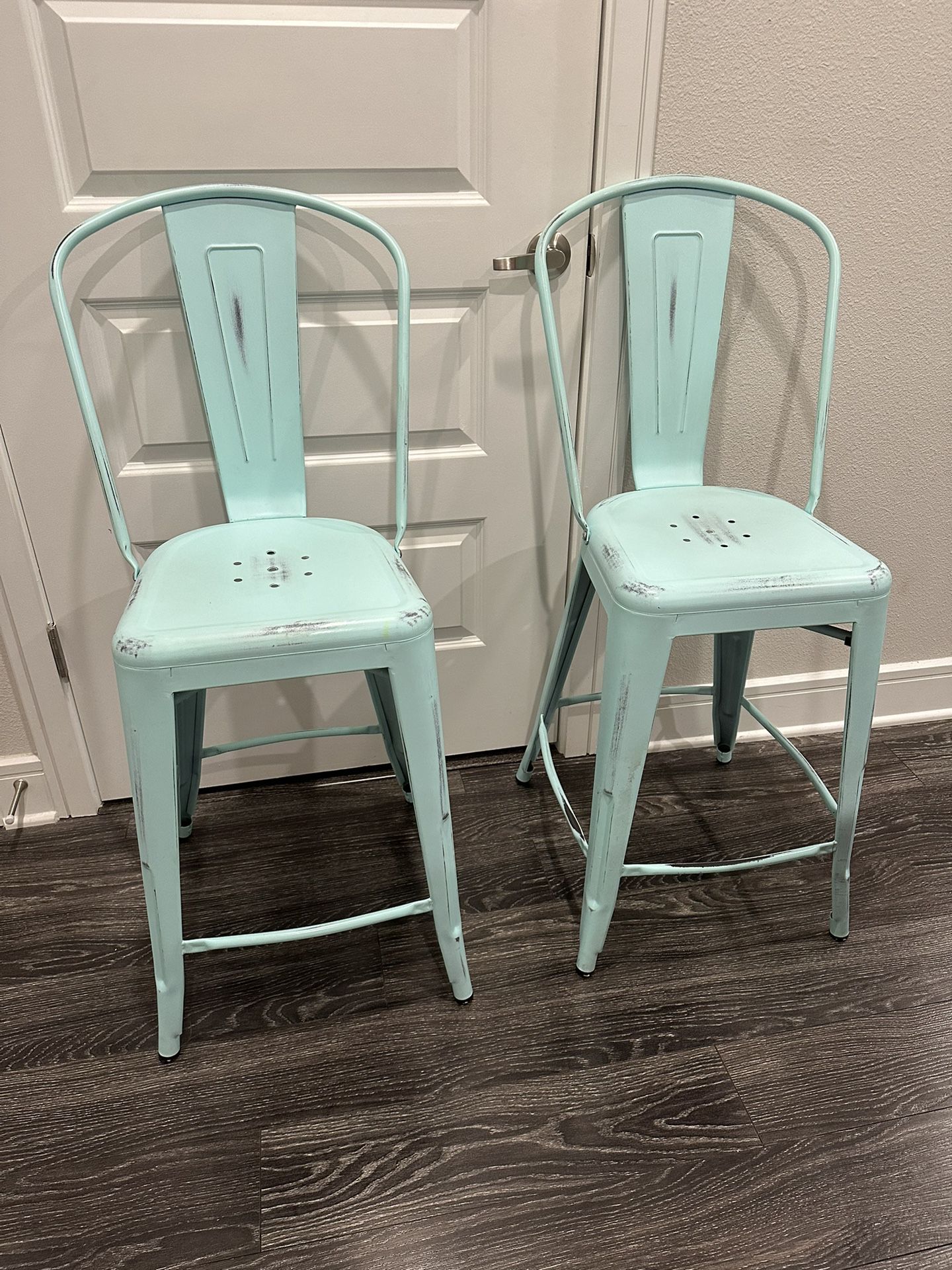 Pair Of Teal, Distressed Look Counter Stools From Wayfair