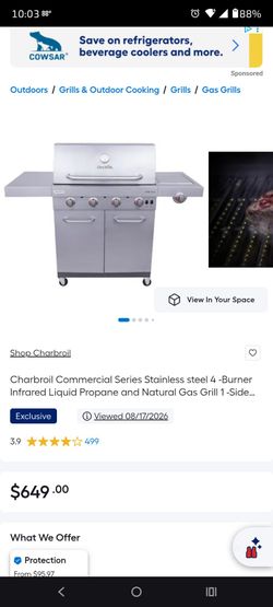 Charbroil Commercial Series Stainless steel 4 -Burner Infrared Liquid Propane and Natural Gas Grill 1 -Side Burner