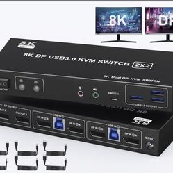 Displayport KVM Switch 2 screens 2 Computers With Audio Jack - 8k@60HZ 4K@144Hz Dual screen Kvm Switch With 3 USB 3.0 Port Sharing Keyboard Mouse, Inc