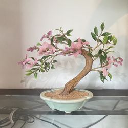 Vintage Chinese Jade Glass Petal Bonsai Tree Celadon Pot Cherry Blossom 11 in tall