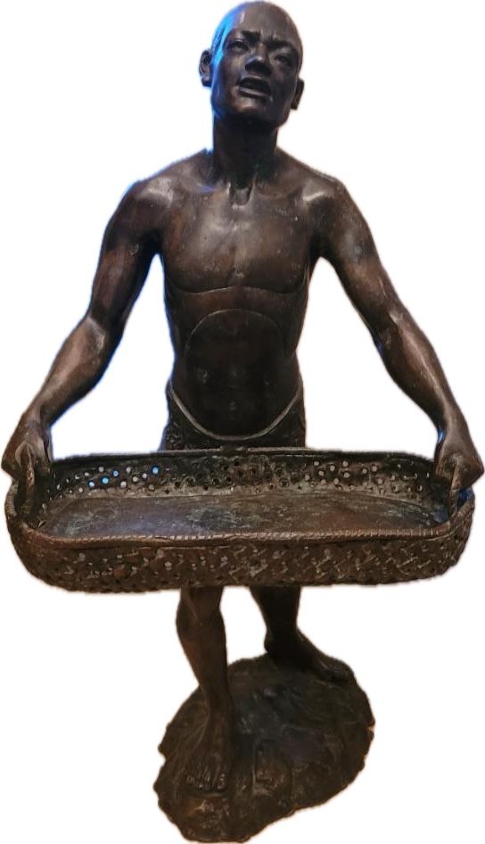 Maitland Smith Figural Bronze Sculpture African Man Tray Stand Statue  Approx size 18"w x 16"d x 28"h