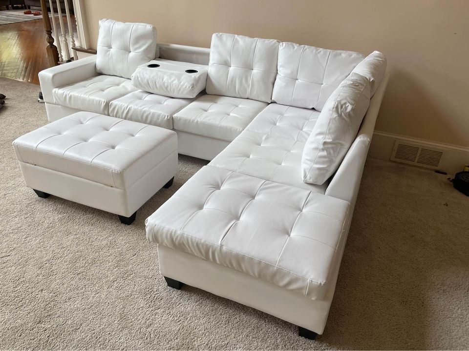 Brand New White L Shape Leather Sectional Sofa W Cup Holders - Storage Ottoman