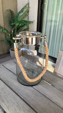 Large Glass Hurricane Lantern / Vase with Rope Handle & Silver Trim