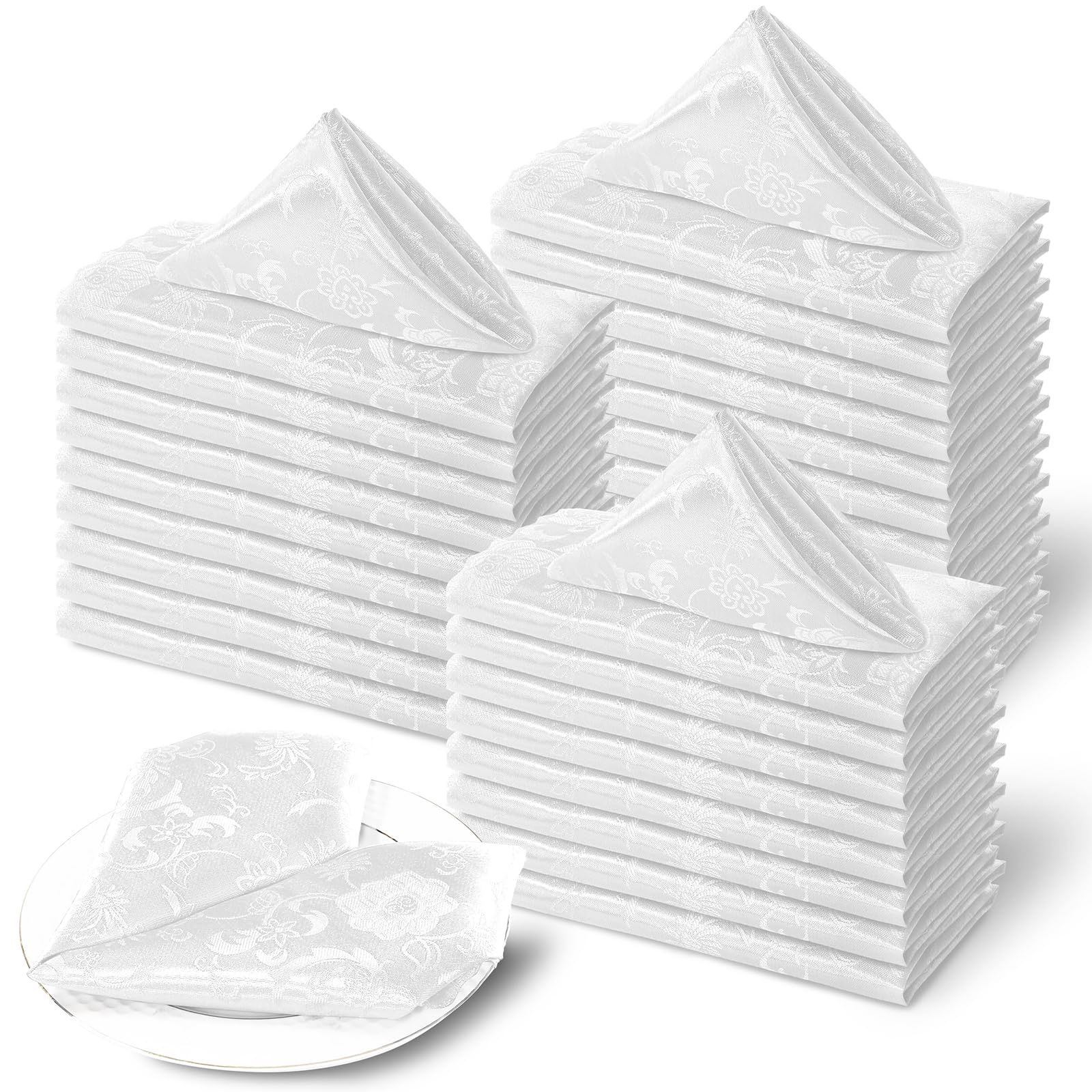 Cobedzy 60 Pack White Satin Cloth Napkins, 17x17 Inch Jacquard Napkins Damask Cloth Napkins Luxurious Satin Napkins For Wedding Banquet Party Restaura