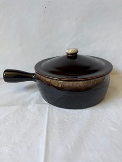 Vintage Gourmet Drip Ware Brown Ceramic Casserole Dish With Handle and Lid