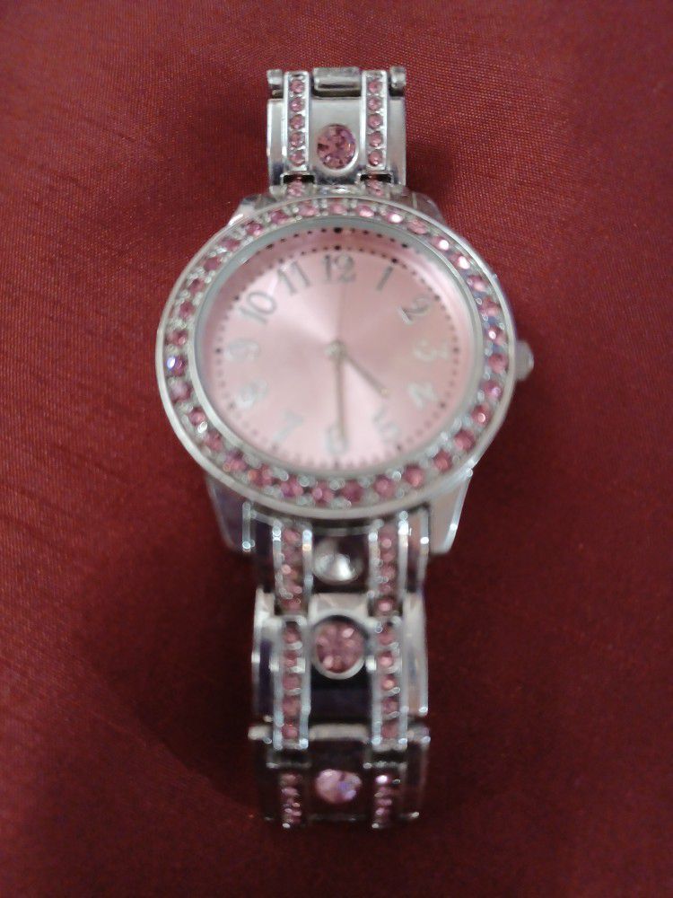 Very Nice Ladies Silver With Pink Diamonds Accents Watch