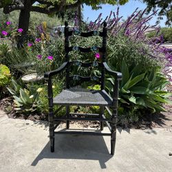 Hand Painted Distressed Blue Bird Floral Black Woven Straw  Hand Painted Chair Ladder Back Boho Vtg