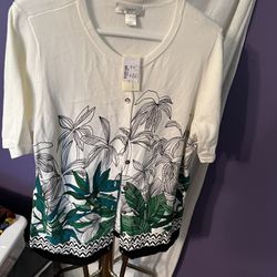 NWT Christopher Banks Womens 1X White Short Sleeve  Green Palm Trees Cardigan