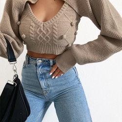 2 piece set women autumn winter turtleneck crop sweaters vest knit top Sexy back