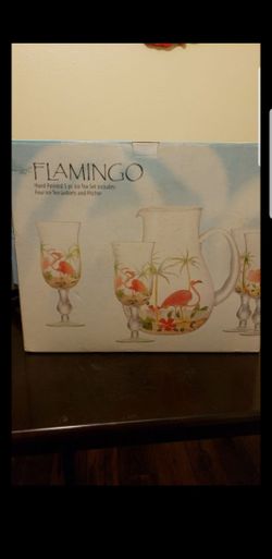 Hand painted flamingo bowls and cup set