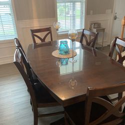 Custom Dining Table 6 Chairs 2 Self Storage Leaves And Protective Glass Top