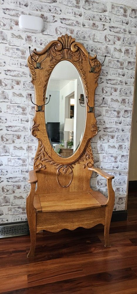 Antique Hall Tree with Mirror