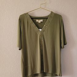 MICHAEL KORS ARMY GREEN V-NECK Gold Stud Detail Short Sleeve Top Size XL NWT $98