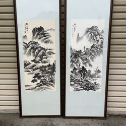 Vintage Pair Of Long Narrow Asian Art Panels