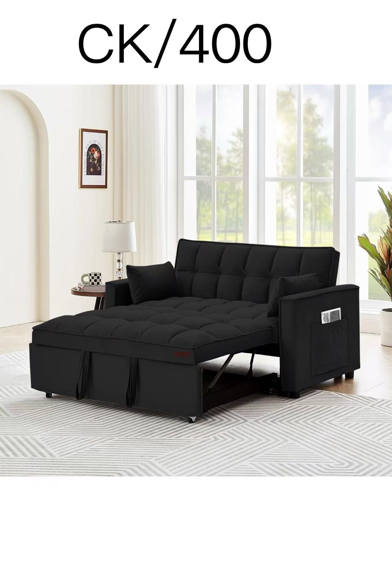 55.2 in. Black Twin 3 in 1 Velvet Convertible Sleeper Sofa Bed Couch w/Pull Out Bed Loveseat with Pillows & Side Pocket