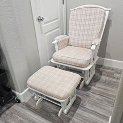 Shermag Glider and Ottoman Set in White Finish with Pink Plaid Gingham Fabric