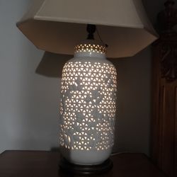 Mid Century Large Asian Cherry Blossom Porcelain Reticulated Lamp Vintage 