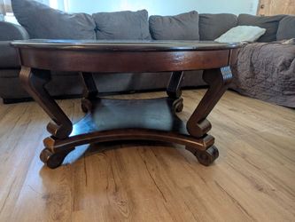 Dark Wood Round Coffee Table with Lower Shelf