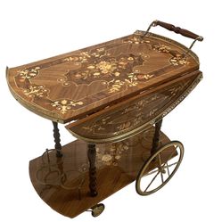 Vintage Italian Marquetry Inlaid Brass And Wood Bar Portable Table Cart Gorgeous 