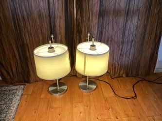 Beautiful Matching Pair Modern Table Lamps.with Brushed Nickel Finish and Fabric Drum Shade.Shade Diameter: 11”—Base Diameter:9”- Tall-27”
