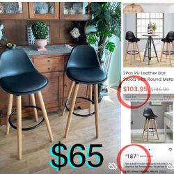 $65 MCM style Bar Stools Set of 2,Modern with Soft PU Leather Seat, Counter Height 28”like new