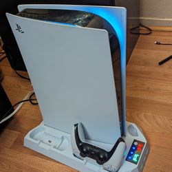 PS5 console with 1 controller, 1 cooling Fan with 3 speed and 2 charging port, including 1 stand.
