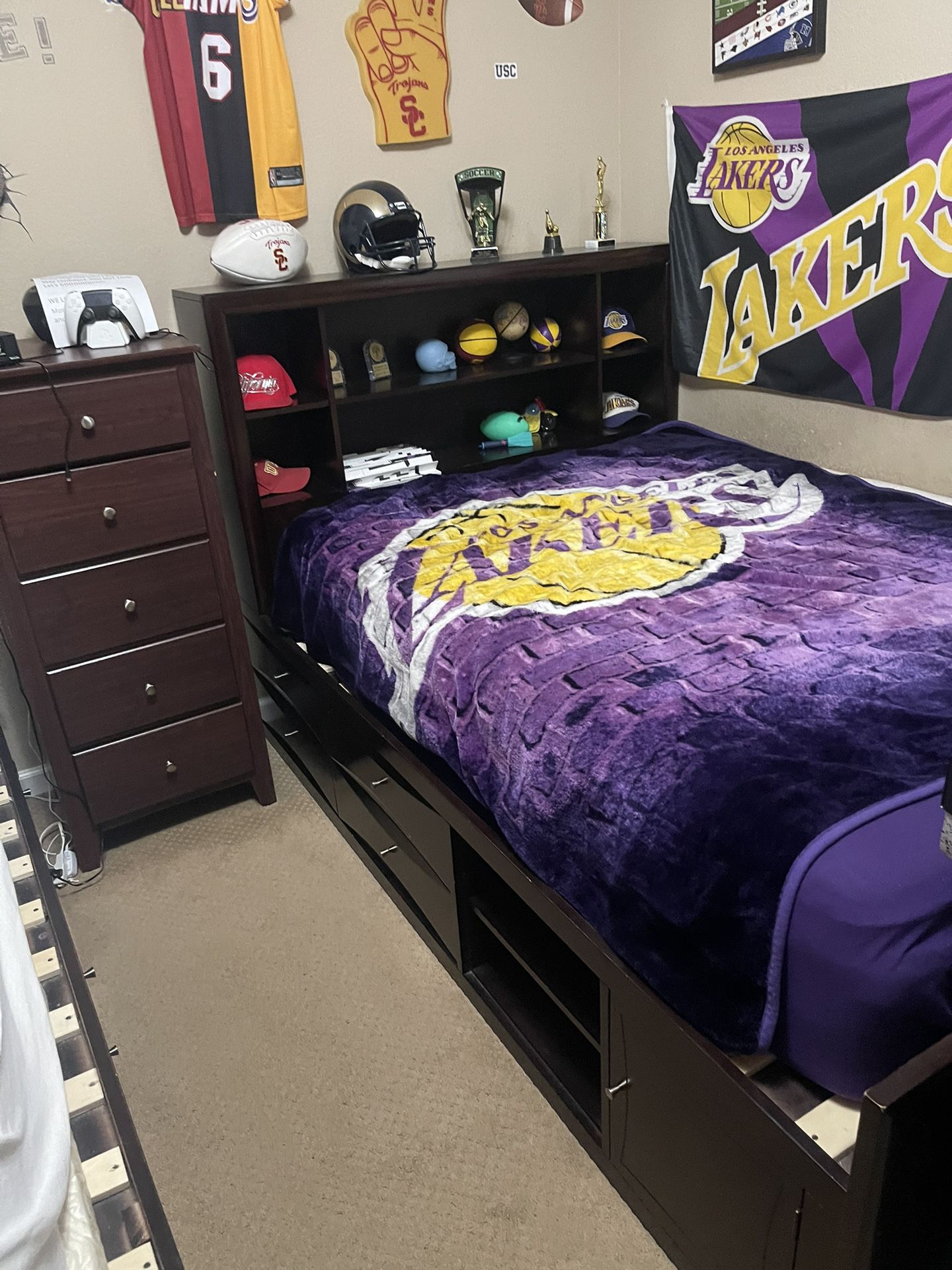 $300 - Bed with underneath storage and backboard with shelves - heavy duty