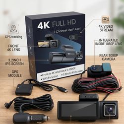 4K Dash Cam 3 Channel GPS Front + Rear Camera