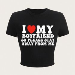 Women's Letter & Heart Print Round Neck Crop Tee