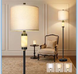 63" Modern Alabaster Floor Lamp for Living Room with Night Light Marble Base, Rotary Switch, Corner Floor Lamp, Standing Lamp with Linen Shade for Liv