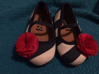 Crazy 8 girls shoes size 5 navy white stripes pink flower elastic navy strap small heel