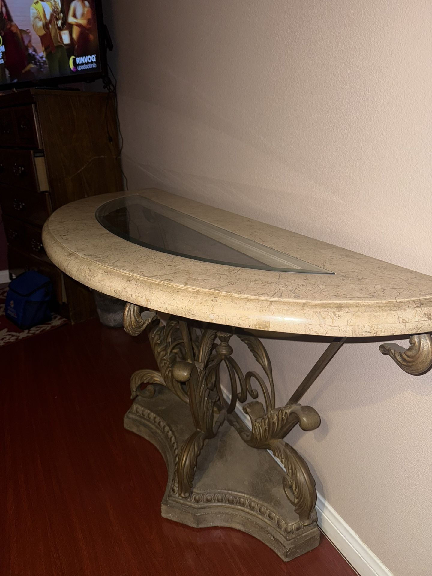 Magnussen Home Demilune Console Table – Marble Top & Iron Base