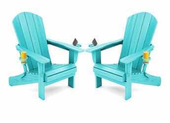 SERWALL Outdoor Adirondack Chairs with 2 Cup Holders,Foldable,Aruba HDPE Composite,Waterproof,Wood Grain,Cup & Phone Holder,Suitable for Garden,Patio,