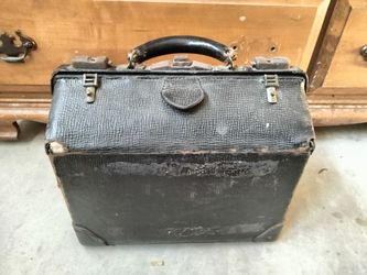 Antique Vintage Old Black Leather Doctors Bag Satchel Suitcase Prada Rustic Decor Decoration Halloween