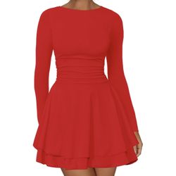 Crew Neck Long Sleeve Corset Mini Ruffle Dress Size M 