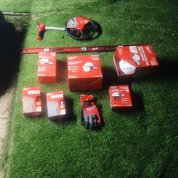 Milwaukee Hardhat, Full Face Shield, Goggles, Earmuffs,  2 Large Long Sleeve Hoodies Lrg. Gloves And A Roller To Measure 