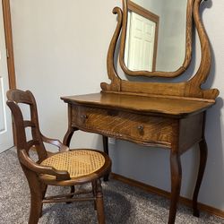 Vintage Wood Dressing Table/Vanity Desk w/Mirror & Caned Seat Chair