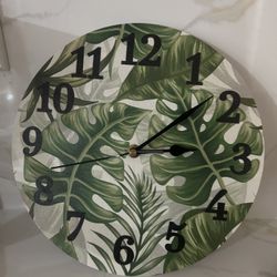 Round Wall Clock Watercolor Tropical Monstera Palm Leaf Home Art Decor