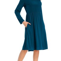 Brandnew Womens Blue Dress Midi Dress Pockets Long Sleeve Winter Dress Casual Tshirt Swing Dress