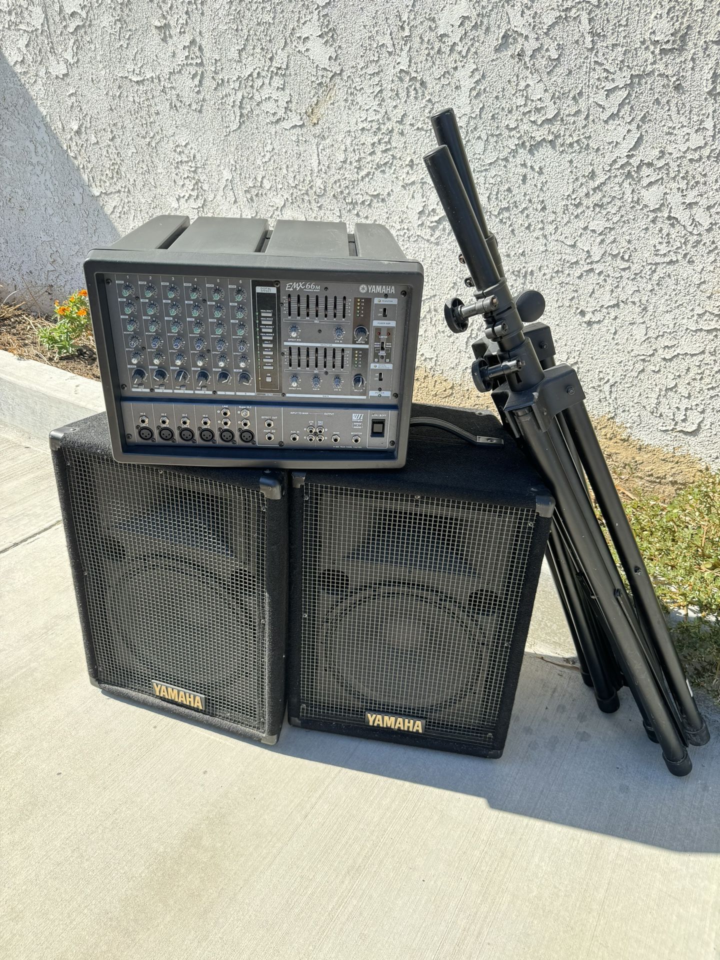 Yamaha PA System S12E speakers and EMX 66M mixer with speaker stands