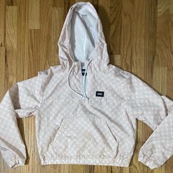 WOMEN'S VAN PINK & WHITE CHECKERED HALF ZIP HOODIE CROPPED WINDBREAKER Sz L
