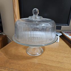  Anchor Hocking Monaco Ribbed Glass Cake Stand Mint
