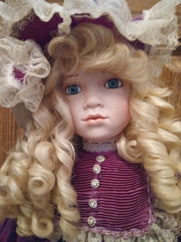 Vintage Porcelain Doll In Purple Dress On Stand 27 Inches Tall