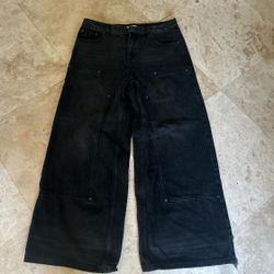 BAGGY WIDE LEG BLACK DOUBLE KNEE JEANS