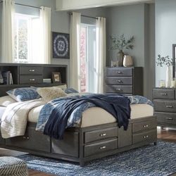 Caitbrook Gray Bookcase Storage Platform Bedroom Set
