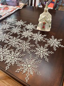 Ceramic Christmas Church Village Piece and Glitter Snowflake Decorations