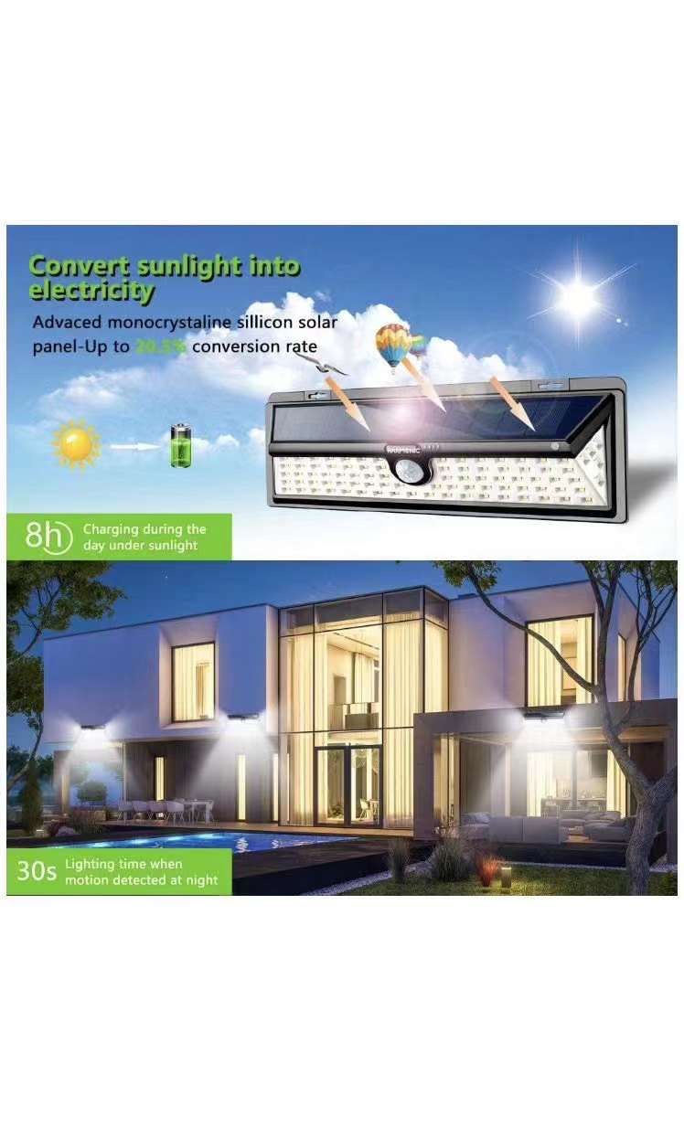 Solar Lights Outdoor, 100 LED Motion Sensor Light with 270° Wide Angle, 3 Optional Modes IP65 Waterproof Solar Security Wall Lights for Garden, Front