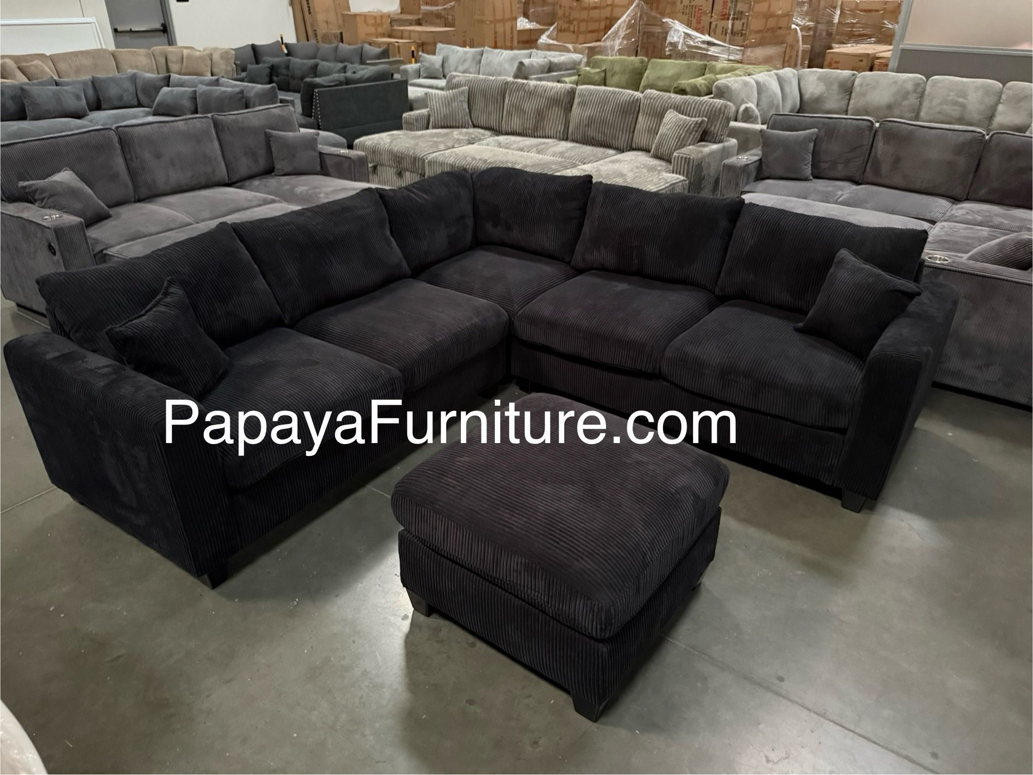 New! Black Sectional Sofa And Ottoman, Black Couch, Black Corduroy Sectional. L-Shaped Sofa, Couch, Sectionals, Black Sofa, Black Sectional,Plush Sofa