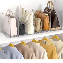 GoMaihe Bag & Purse Organizer for Closet: 2-Pack Adjustable Clear Handbag Storage Shelf - Plastic Clutch Dividers | Minimal | Keep Purses upright
